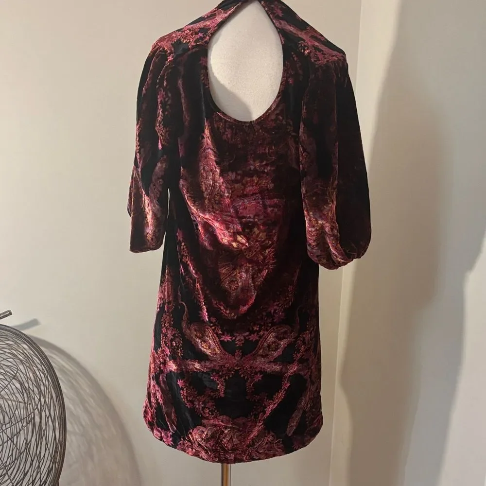 FREE PEOPLEVelvet V-Neck Puff Sleeve Tunic Top Burgundy S